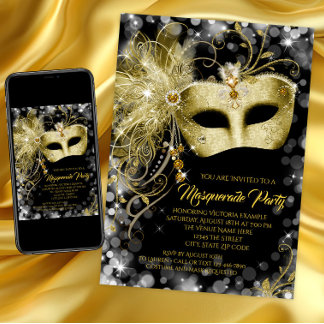 Invitation Fête de Mascarade Paillettes Noires et Or Élégante