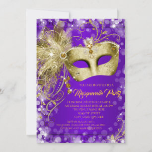 Invitation Fête de Mascarade Paillettes Violet Doré Élégante