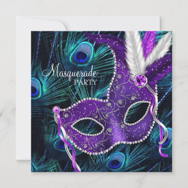 Invitation Fête de Mascarade Paon Bleu Turquoise Violet (Devant)