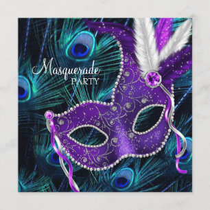 Invitation Fête de Mascarade Paon Bleu Turquoise Violet