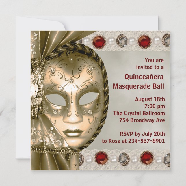 Invitation Fête de Mascarade Perle Rouge Or Rouge (Devant)