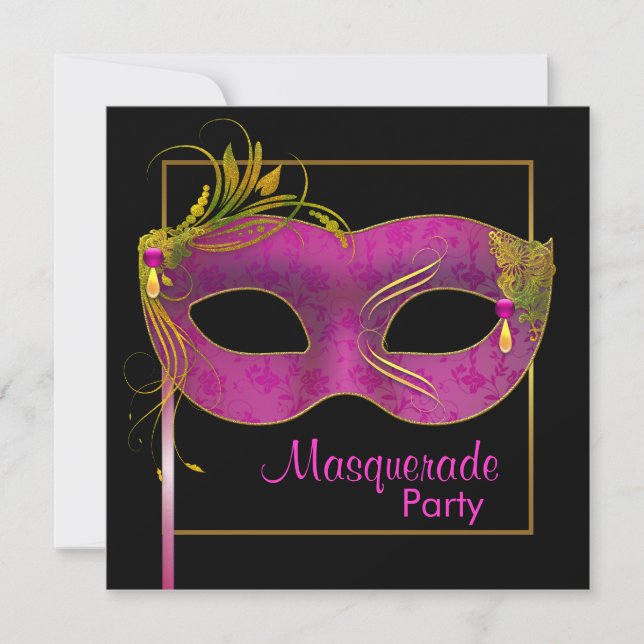 Invitation Fête de Mascarade Rose Chaud (Devant)