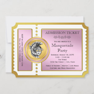 Invitation Fête de Mascarade Rose et Or Billet Doré