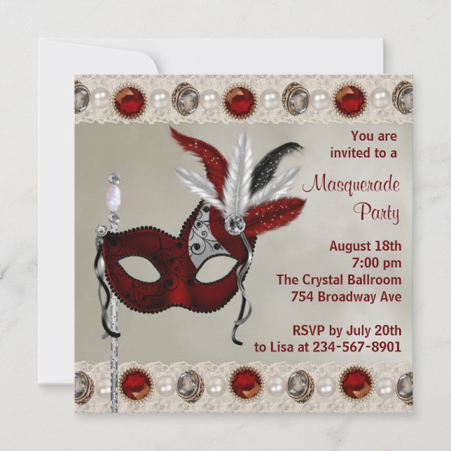 Invitation Fête de Mascarade Rouge Perle d'Or (Devant)