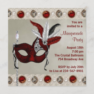 Invitation Fête de Mascarade Rouge Perle d'Or