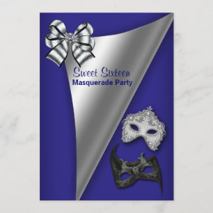 Invitation Fête de mascarade Royal Blue Silver Sweet Sixteen