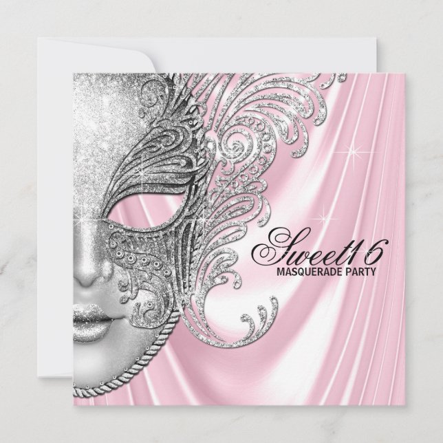 Invitation Fête de mascarade Sweet 16 en satin rose (Devant)