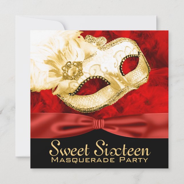 Invitation Fête de Mascarade Sweet 16 Plume Dorée Rouge (Devant)