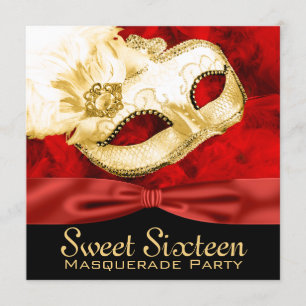Invitation Fête de Mascarade Sweet 16 Plume Dorée Rouge