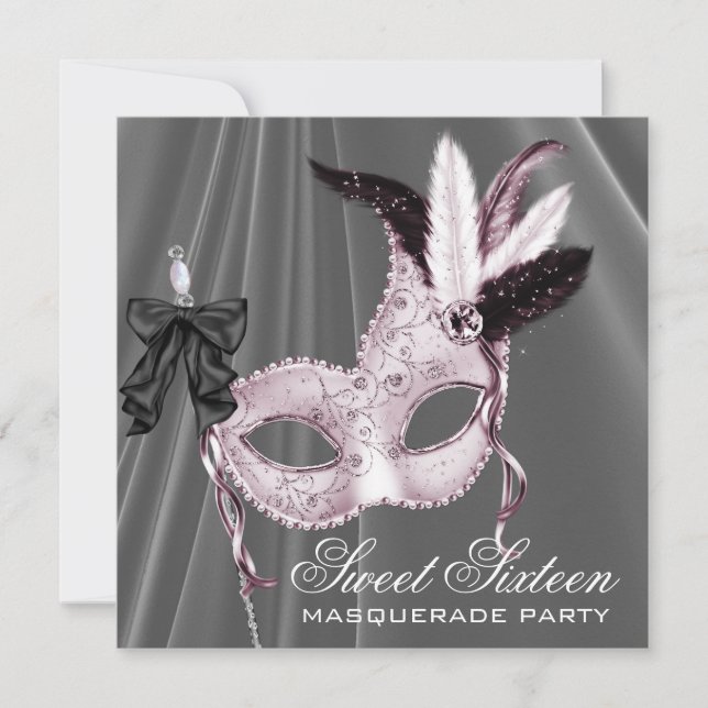 Invitation Fête de mascarade Sweet 16 rose noir (Devant)
