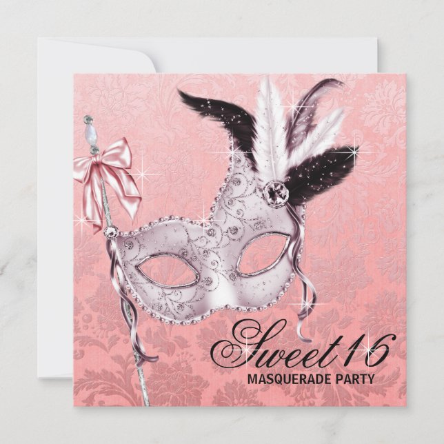 Invitation Fête de mascarade Sweet 16 rose noir (Devant)