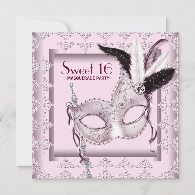 Invitation Fête de mascarade Sweet 16 rose noir (Devant)
