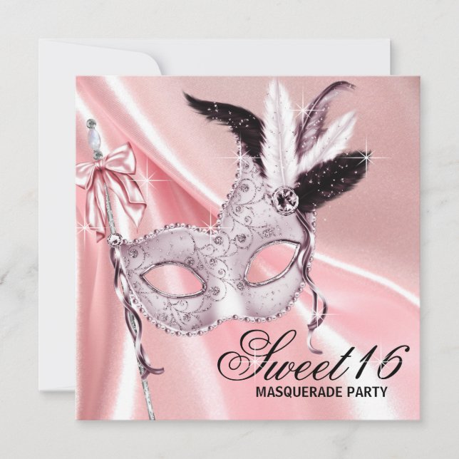 Invitation Fête de mascarade Sweet 16 rose noir (Devant)