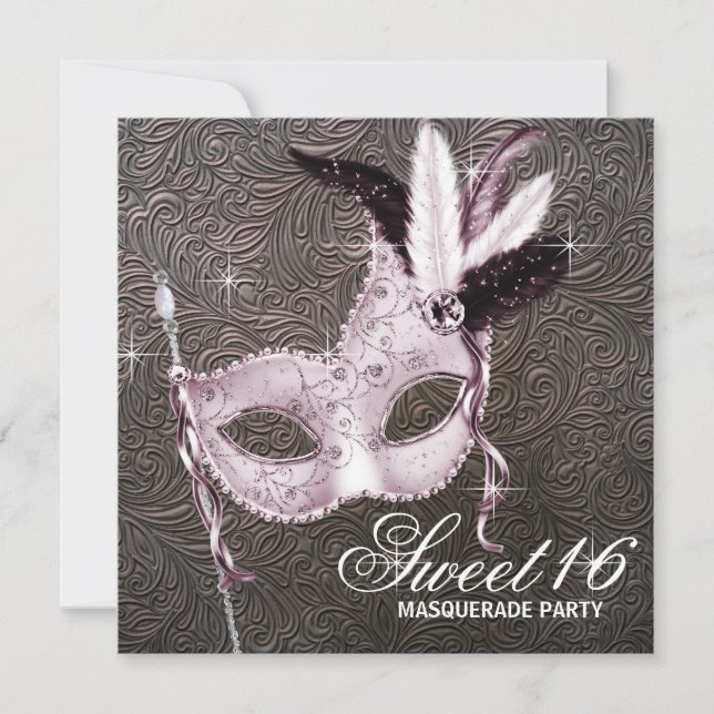 Invitation Fête de mascarade Sweet 16 rose noir (Devant)
