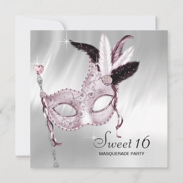 Invitation Fête de Mascarade Sweet 16 Rose Noir Blanc (Devant)