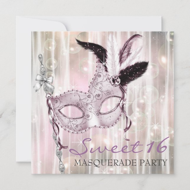 Invitation Fête de Mascarade Sweet 16 Rose Noir Blanc (Devant)