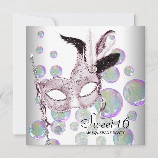 Invitation Fête de mascarade Sweet Sixteen Bulles Roses Blanc (Devant)