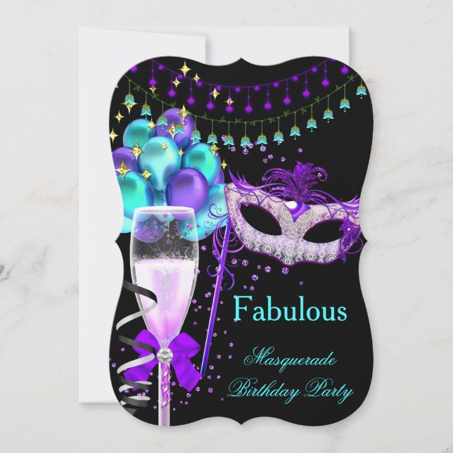 Invitation Fête de Mascarade Violet Turquoise Noir 3 (Devant)
