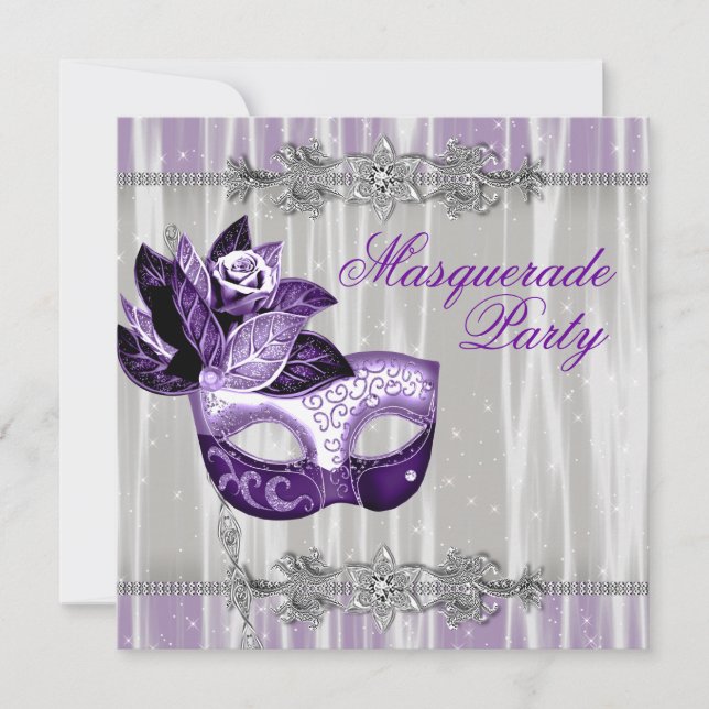 Invitation Fête de Mascarade Violette aux Paillettes Argentée (Devant)