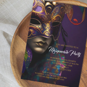 Invitation Fête de Mascarade Violette et Dorée avec Masque Vi