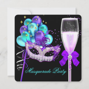 Invitation Fête de Mascarade Violette Turquoise et Noire 2