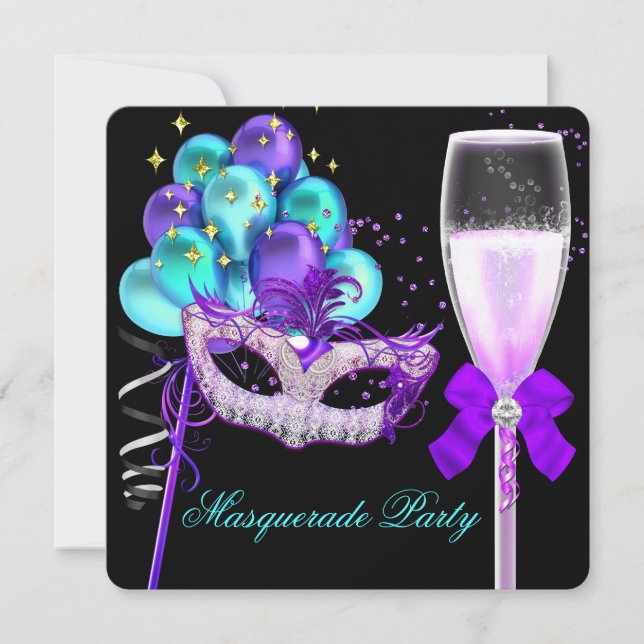 Invitation Fête de Mascarade Violette Turquoise et Noire 2 (Devant)
