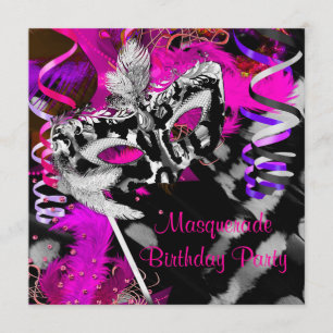 Invitation Fête de masque d'anniversaire Balle Noir Argent Ro