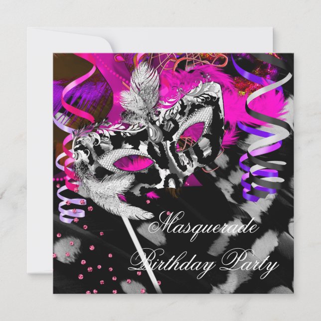 Invitation Fête de masque d'anniversaire Noir Argent Rose (Devant)
