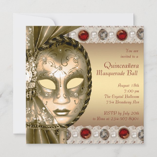 Invitation Fête de masque élégante rouge et or (Devant)