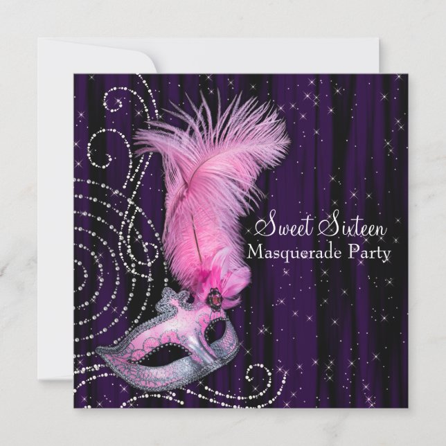 Invitation Fête de masque noir violet rose Sweet 16 (Devant)