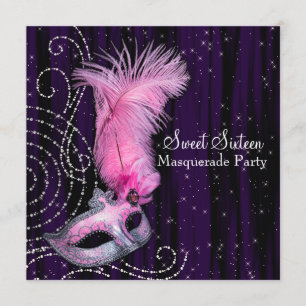 Invitation Fête de masque noir violet rose Sweet 16