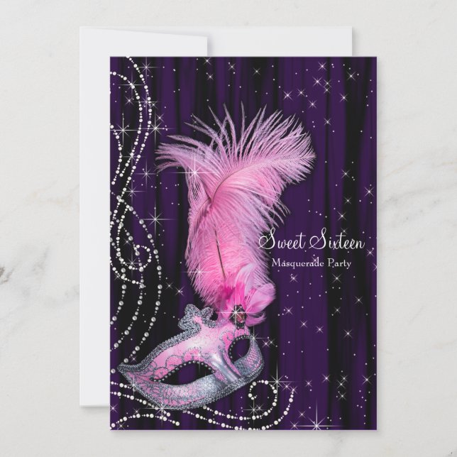 Invitation Fête de masque noir violet rose Sweet 16 (Devant)