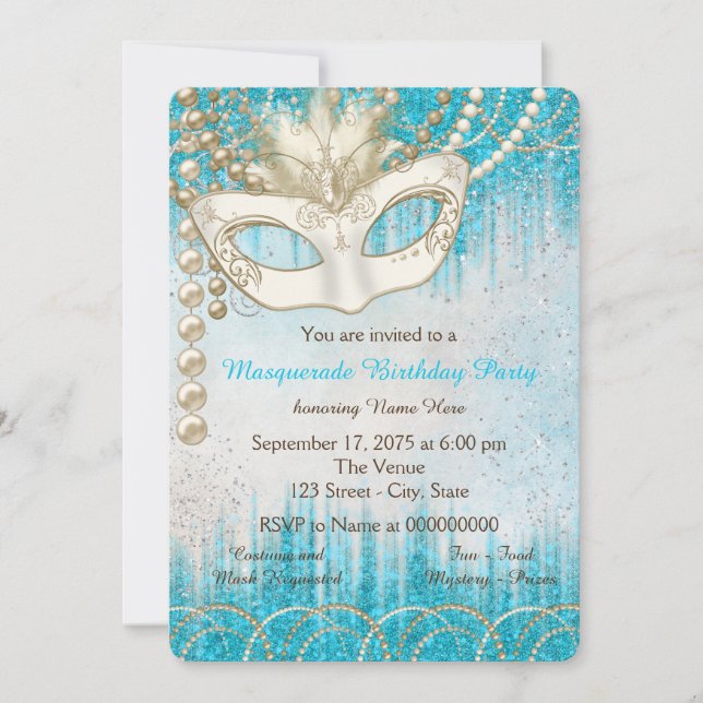 Invitation Fête de masquerade aquarelle perle bleu sarcelle (Devant)