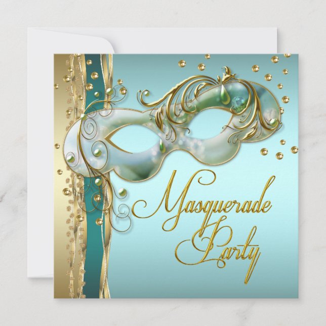 Invitation Fête de masquerade bleue turquoise or (Devant)