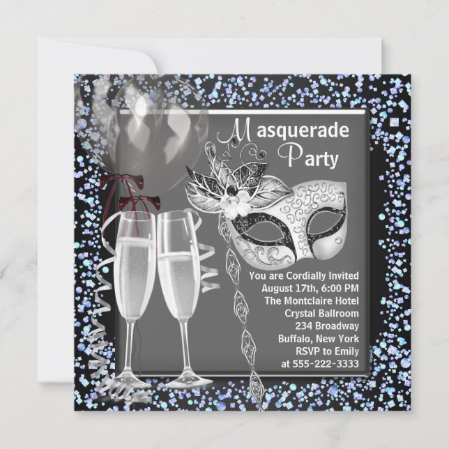 Invitation Fête de Masquerade Champagne Confetti Argent Noir (Devant)
