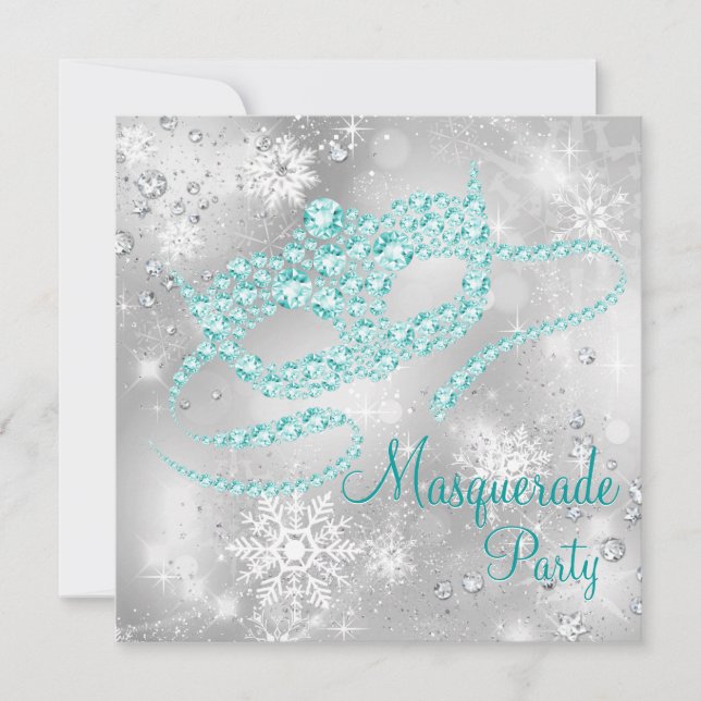 Invitation Fête de masquerade élégante argent et bleu sarcell (Devant)