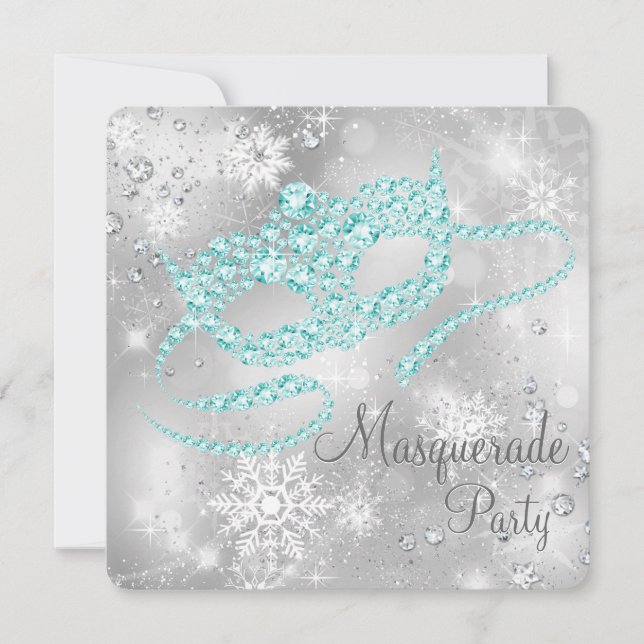 Invitation Fête de masquerade élégante argent et bleu sarcell (Devant)