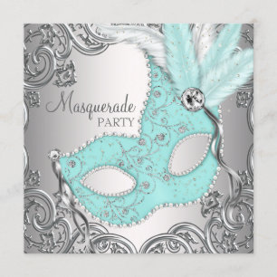 Invitation Fête de masquerade élégante argentée et sarcelle b