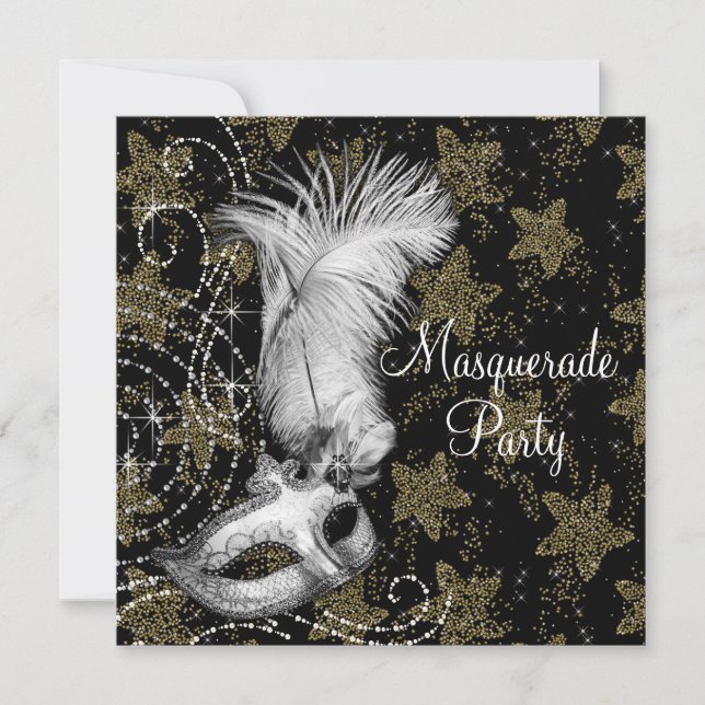 Invitation Fête de masquerade élégante blanche et or (Devant)