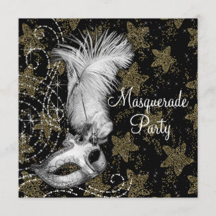 Invitation Fête de masquerade élégante blanche et or