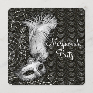 Invitation Fête de masquerade élégante en satin noir et blanc