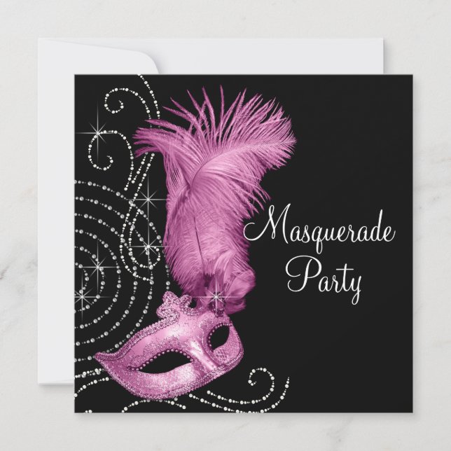 Invitation Fête de masquerade élégante noire et rose (Devant)
