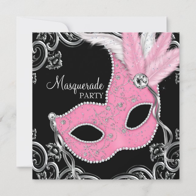 Invitation Fête de masquerade élégante noire et rose (Devant)