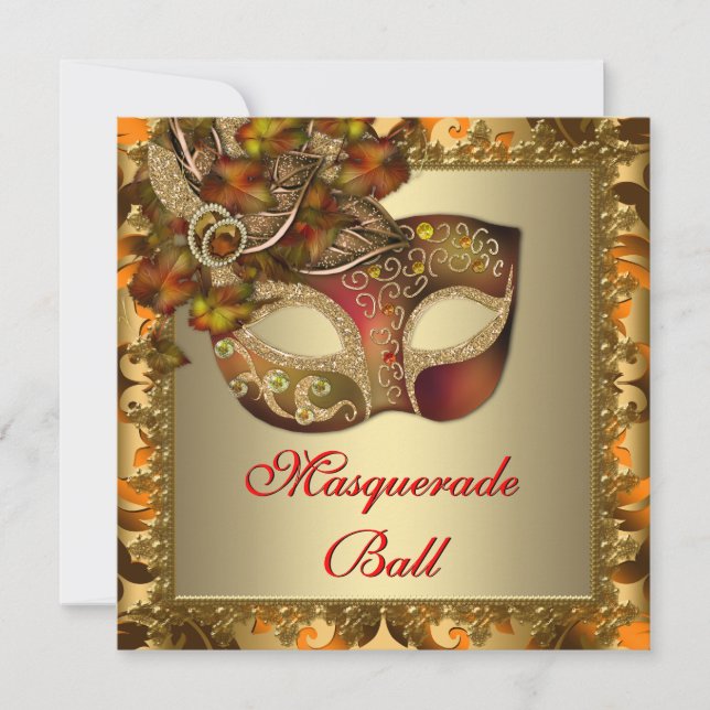 Invitation Fête de masquerade élégante orange rouge or (Devant)