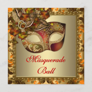 Invitation Fête de masquerade élégante orange rouge or