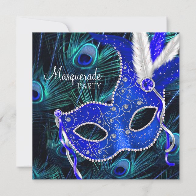 Invitation Fête de masquerade élégante royale bleue paon (Devant)