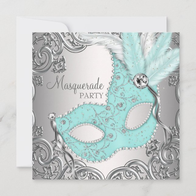 Invitation Fête de masquerade élégante sarcelle bleue argenté (Devant)