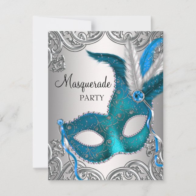 Invitation Fête de masquerade élégante sarcelle bleue argenté (Devant)