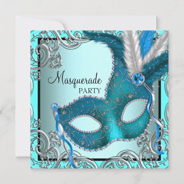 Invitation Fête de masquerade élégante sarcelle bleue argenté (Devant)