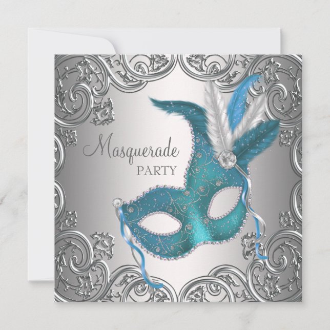 Invitation Fête de masquerade élégante sarcelle bleue argenté (Devant)